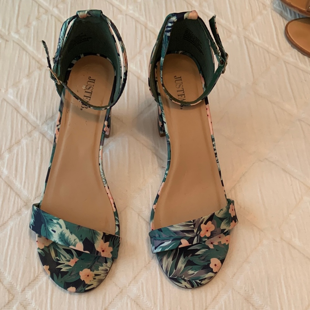 JustFab Green Floral Ankle Strap Heels